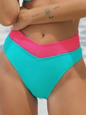 CUPSHE Bikini Bottoms Teal & Pink Swimsuit Bathing Suit BOTTOMS XL